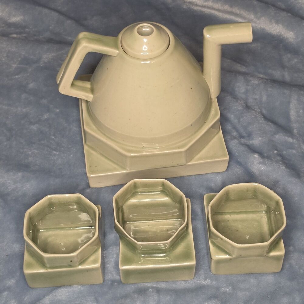 Postmodern Studio Pottery Tea Set Signed Ladin 1981 Celadon Teapot 3 Cups Stands